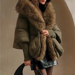 Zara Olive Green Puffer Jacket with Faux Fur Trim
